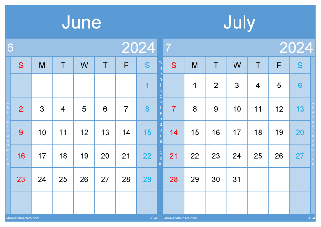 Download calendar for June July 2024 A4 JJ24037