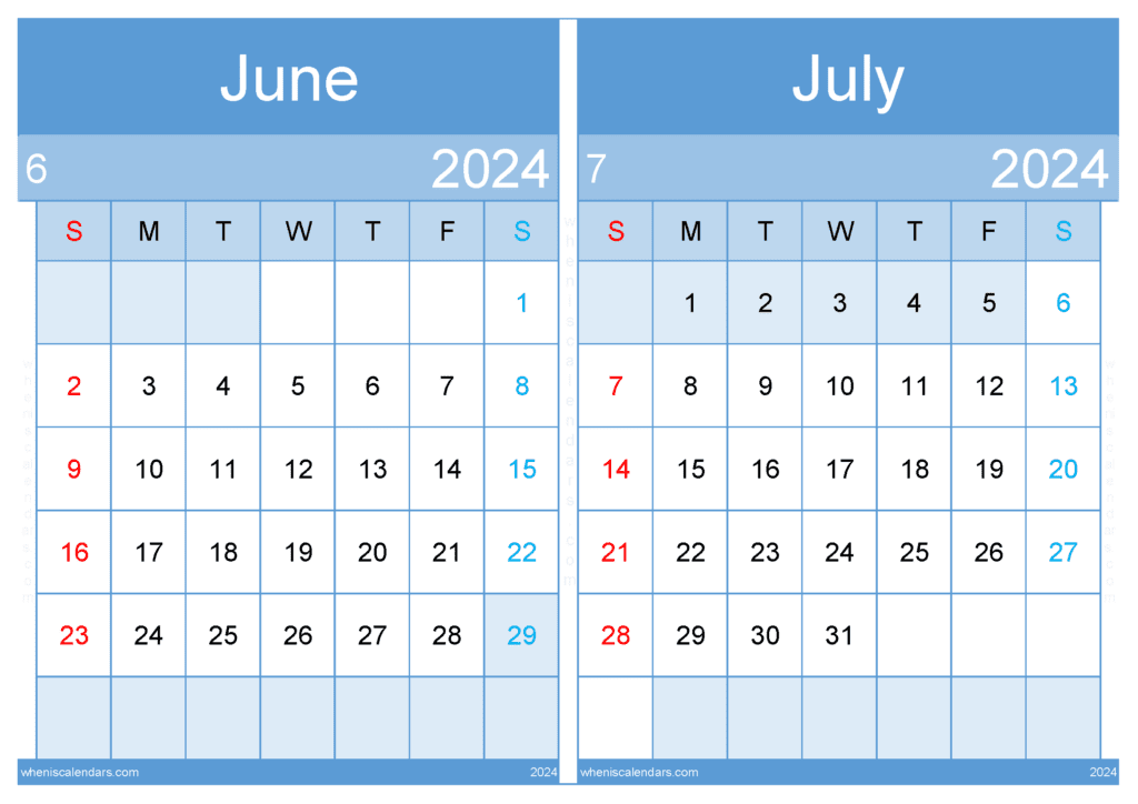 Download June July calendar printable 2024 A4 JJ24039