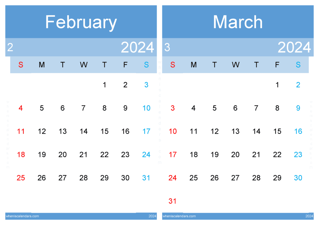 Download printable calendar for February and March 2024 A4 FM24040