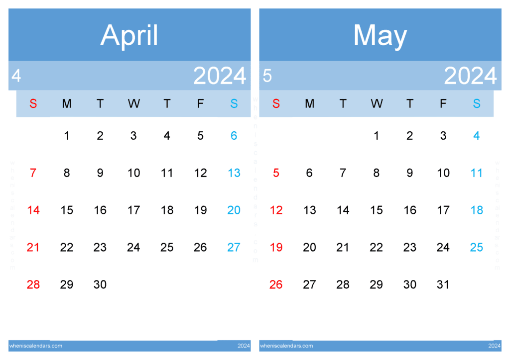 Download April May calendar 2024 A4 AM242010