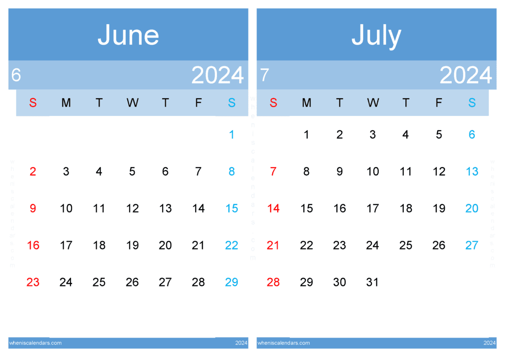 Download printable calendar for June and July 2024 A4 JJ24040