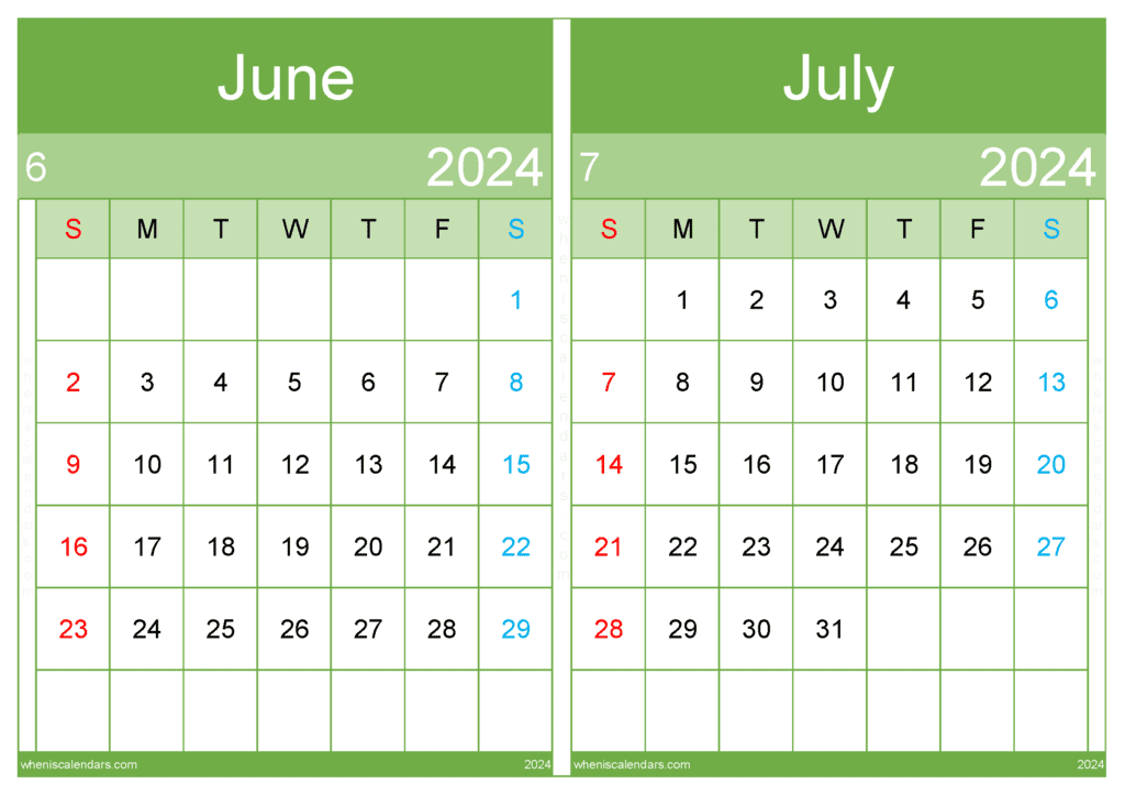 Download June and July calendar printable 2024 A4 JJ24041