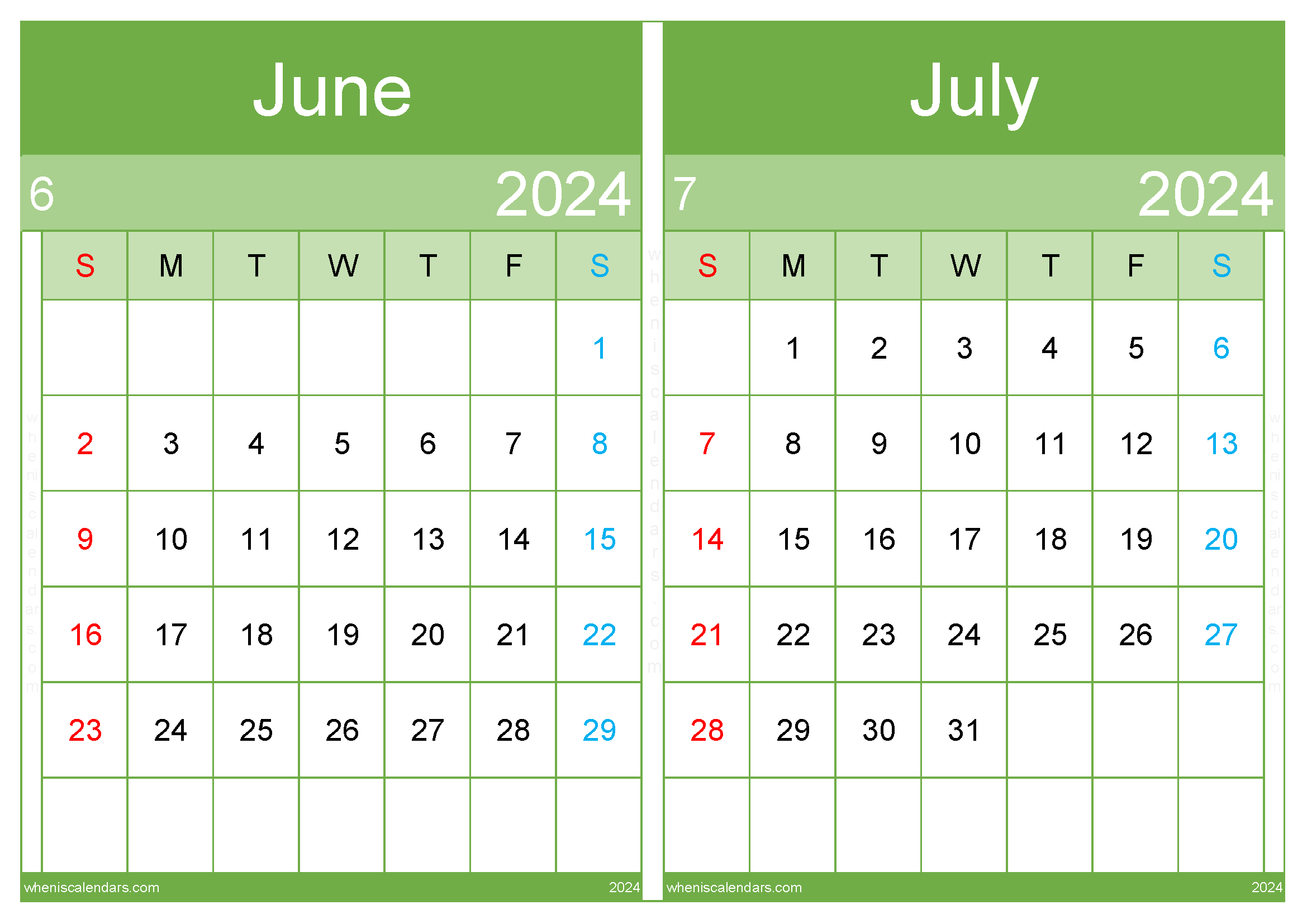 Download June and July calendar printable 2024 A4 JJ242041