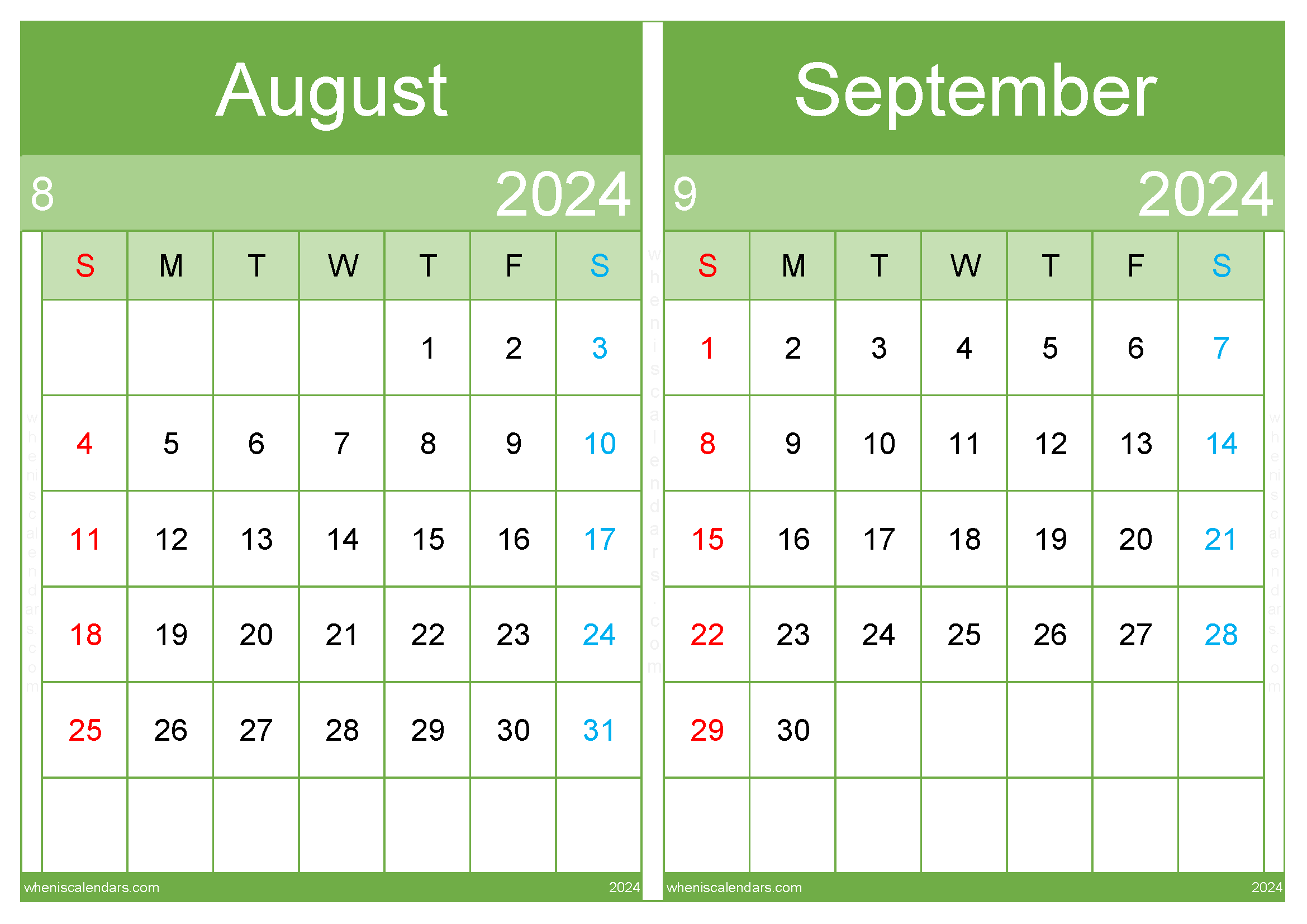 Download August and September calendar printable 2024 A4 AS242041