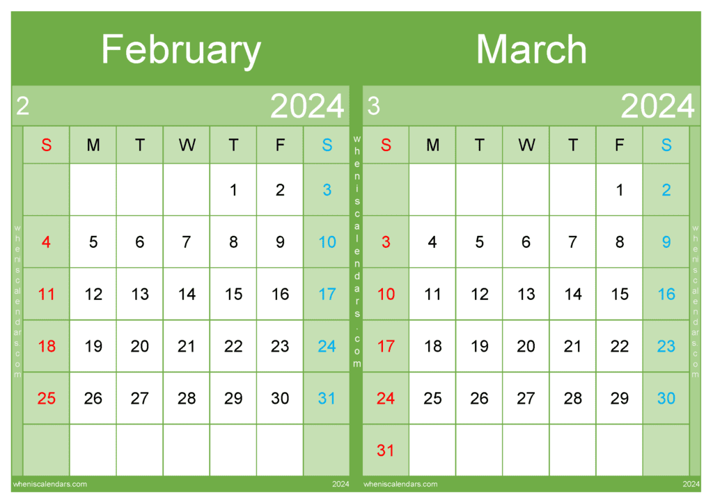 Download Feb and March 2024 calendar A4 FM24012