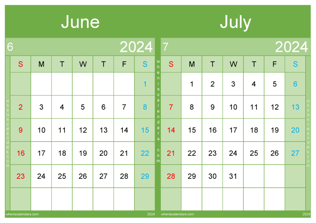 Download Jun and July 2024 calendar A4 JJ24012