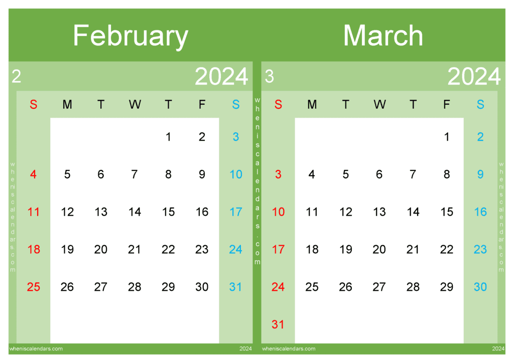 Download 2024 Feb Mar calendar A4 FM24043