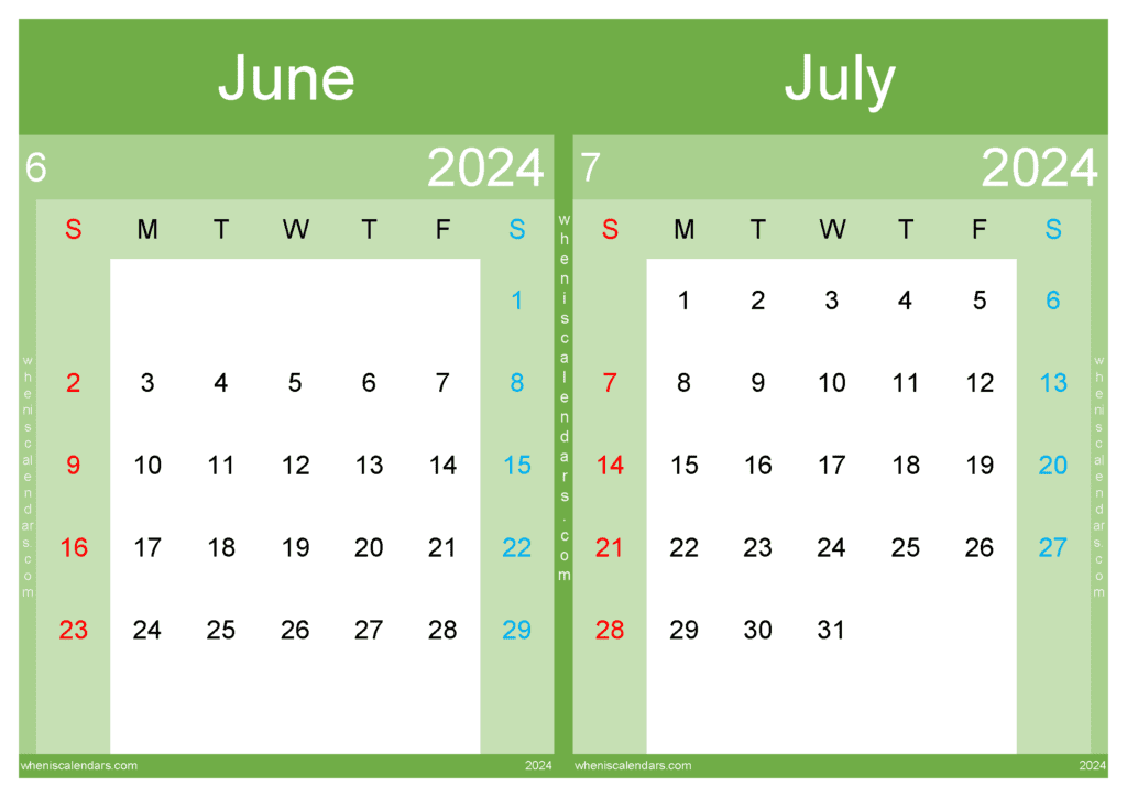 Download calendar June July 2024 A4 JJ24013