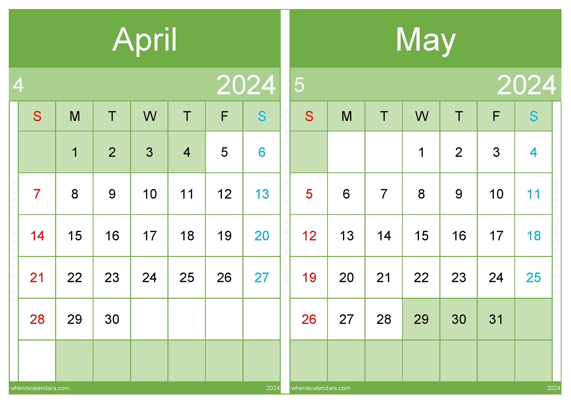 Download 2024 Apr and May calendar A4 AM242044