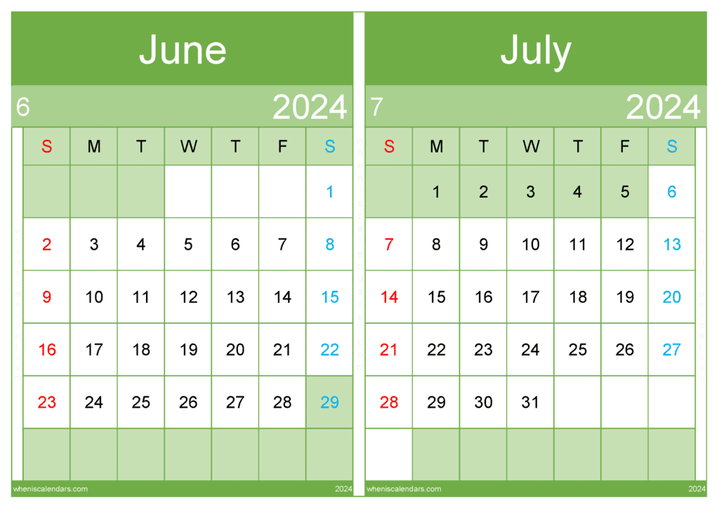 Download June and July calendar 2024 A4 JJ24014