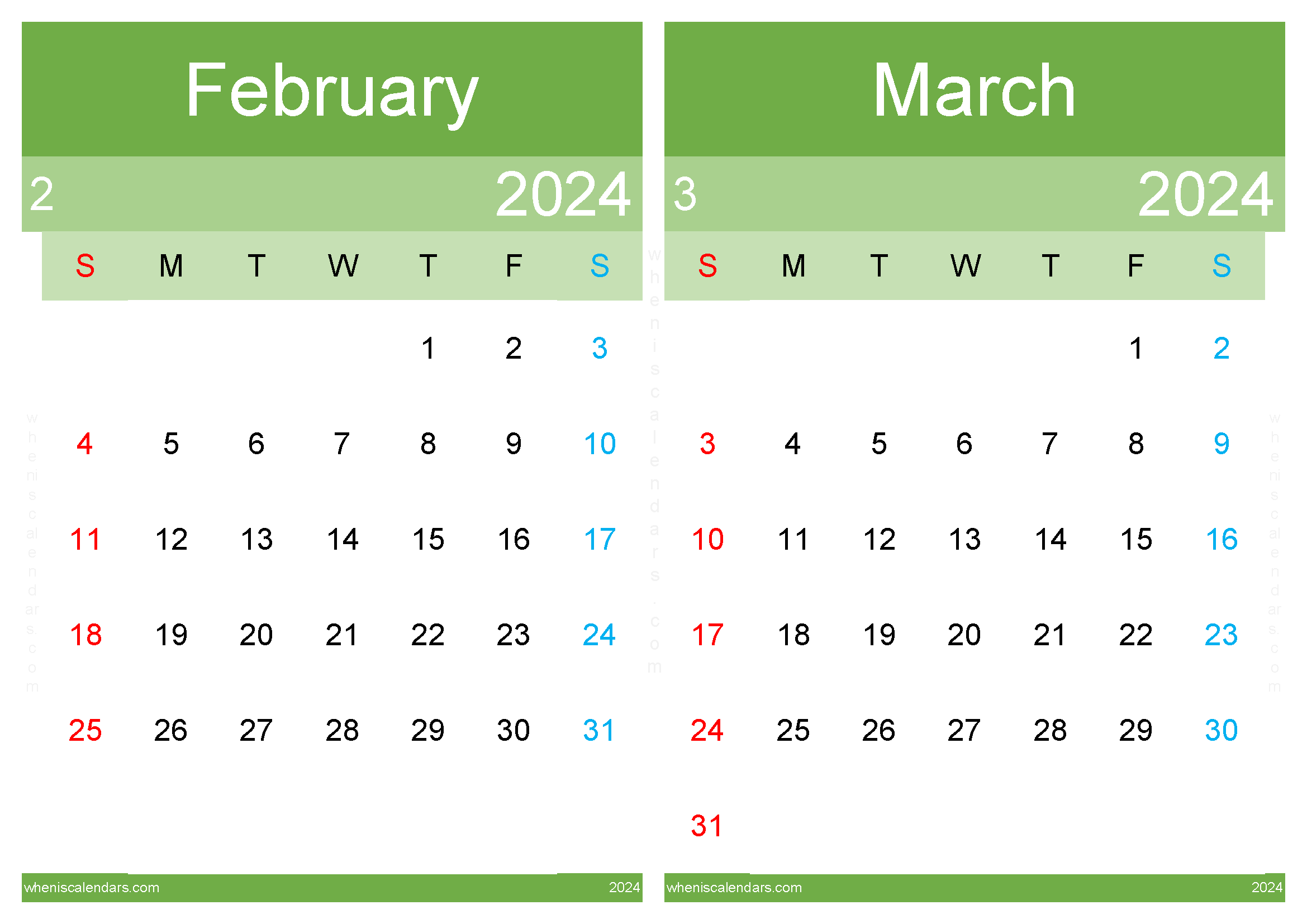 Download printable calendar Feb Mar 2024 A4 FM242045