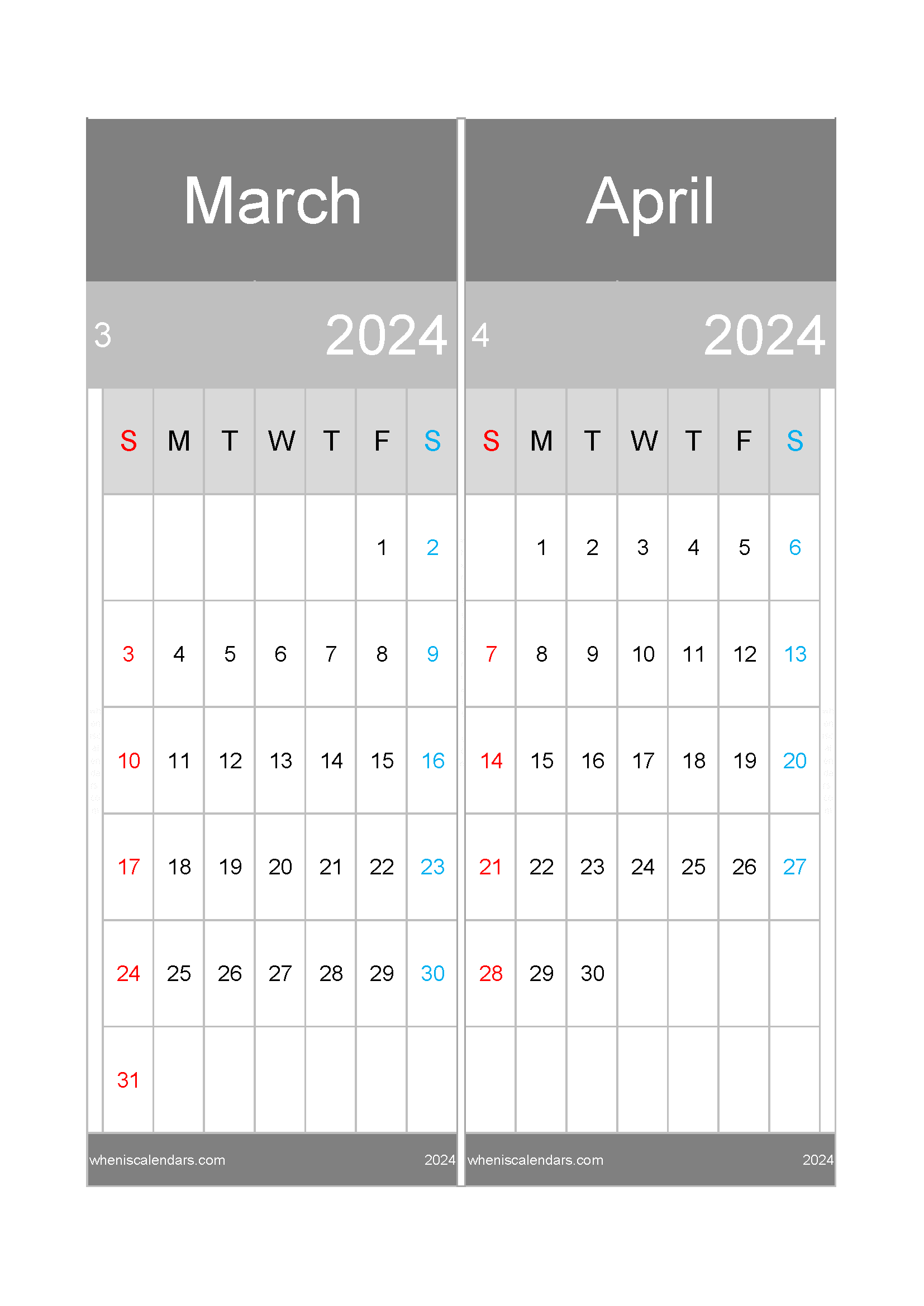 Download printable calendar Mar and Apr 2024 A4 MA24046