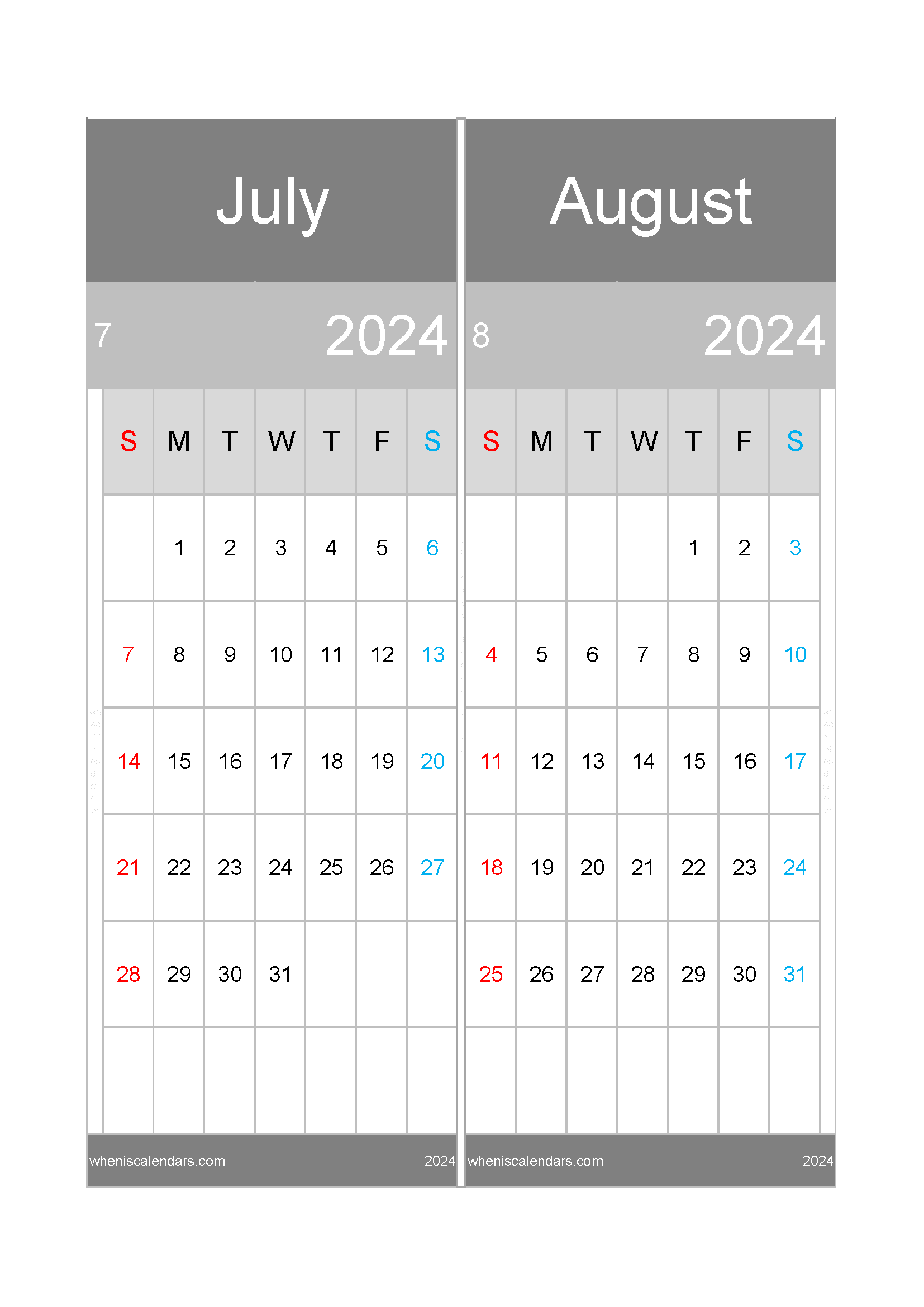 Download printable calendar Jul and Aug 2024 A4 JA24046