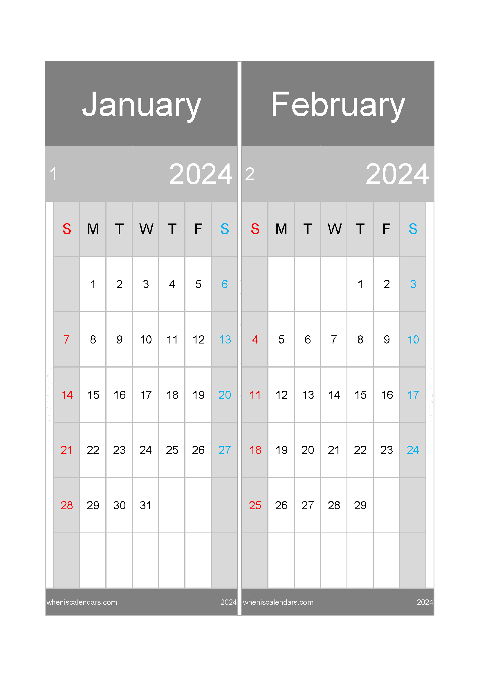 Calendar January and February 2024 Two-Month