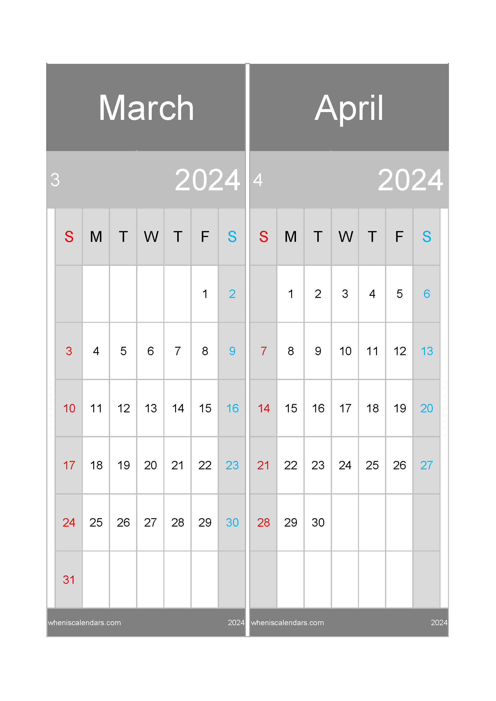 Download calendar for the month of March and April 2024 A4 MA24047