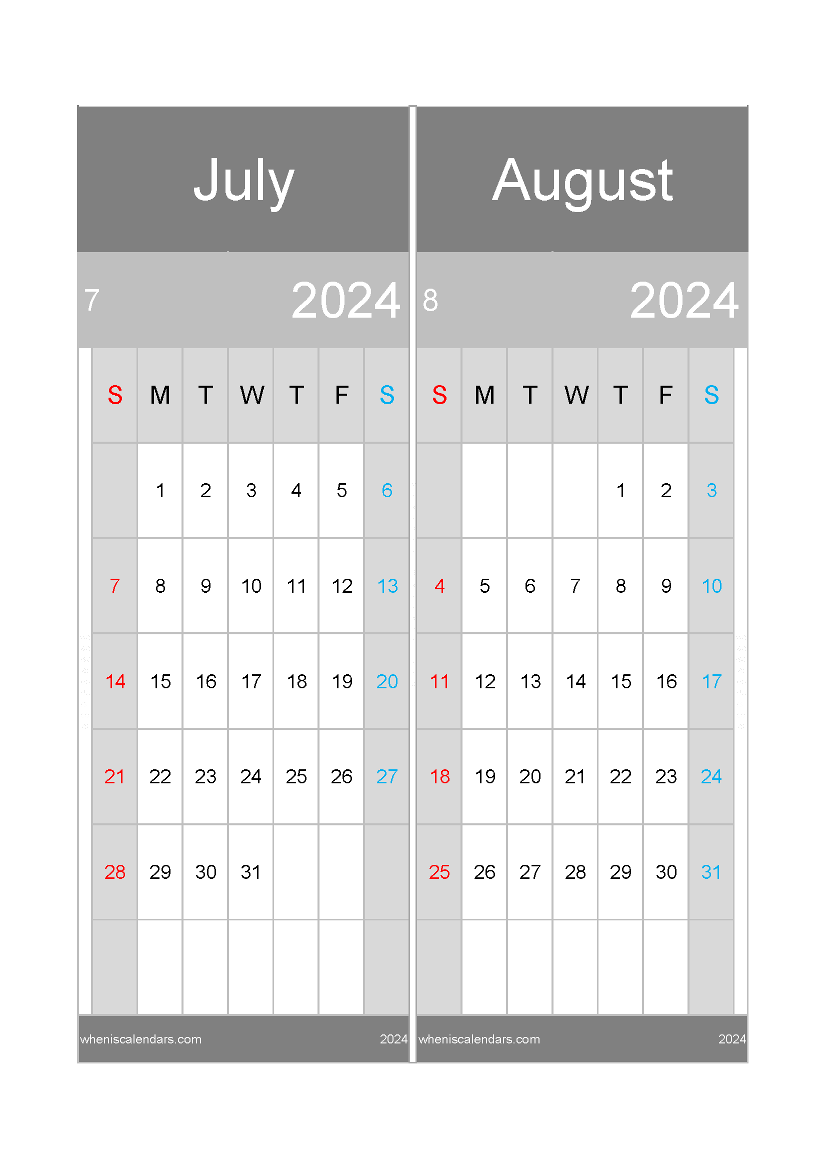 Download calendar for the month of July and August 2024 A4 JA24047