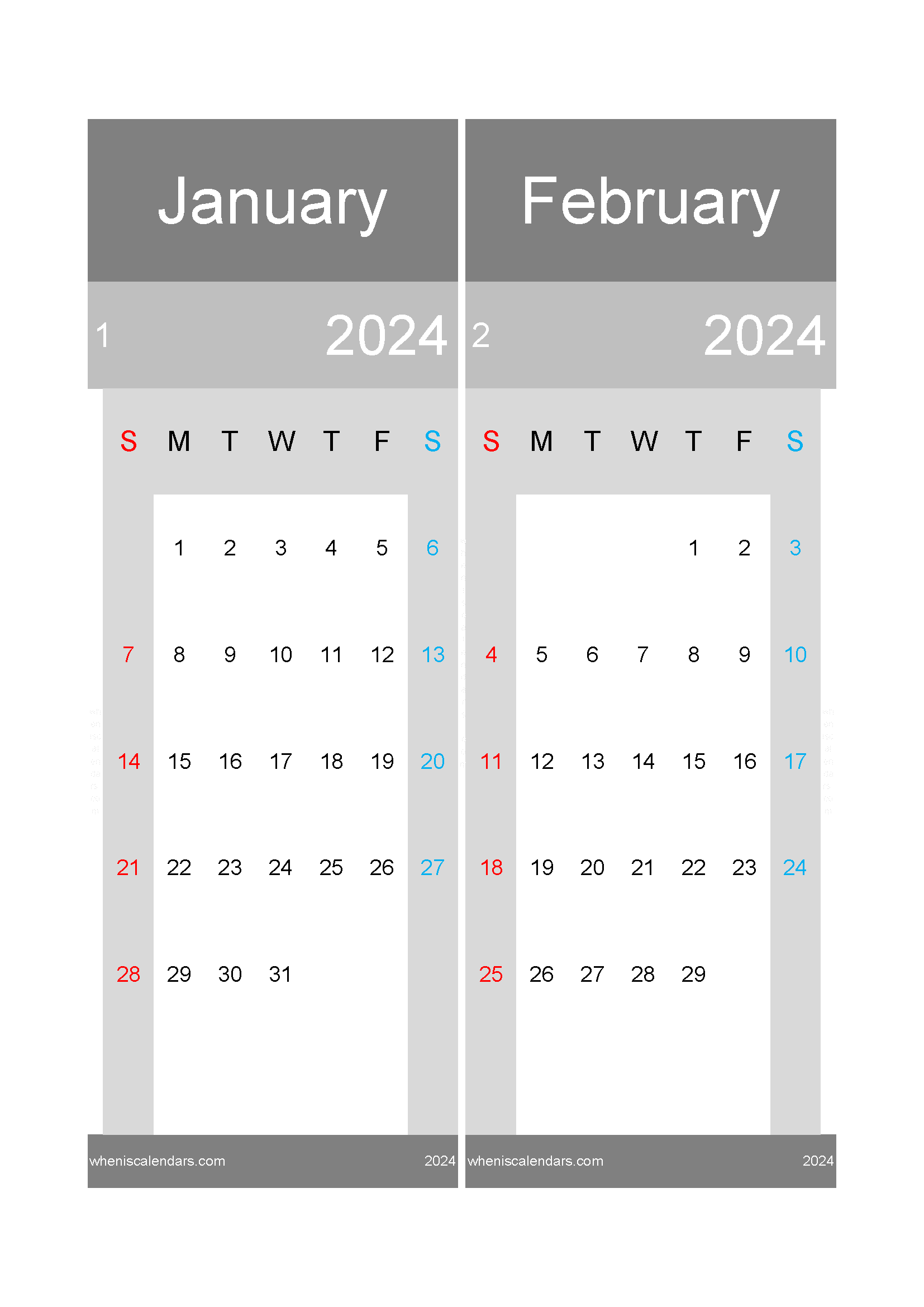 Printable Calendar January and February 2024 Two-Month