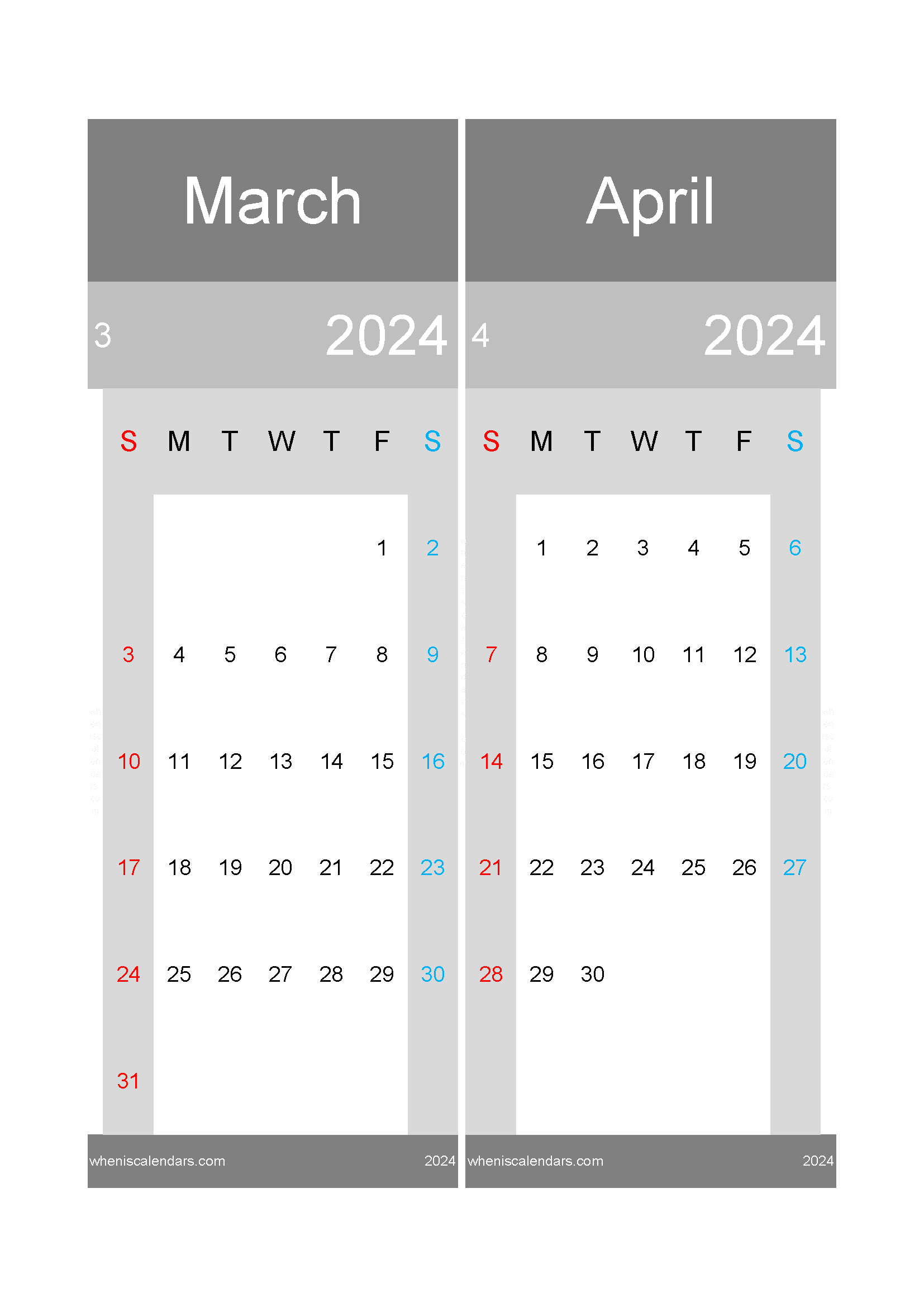 Download printable calendar March and April 2024 A4 MA24018