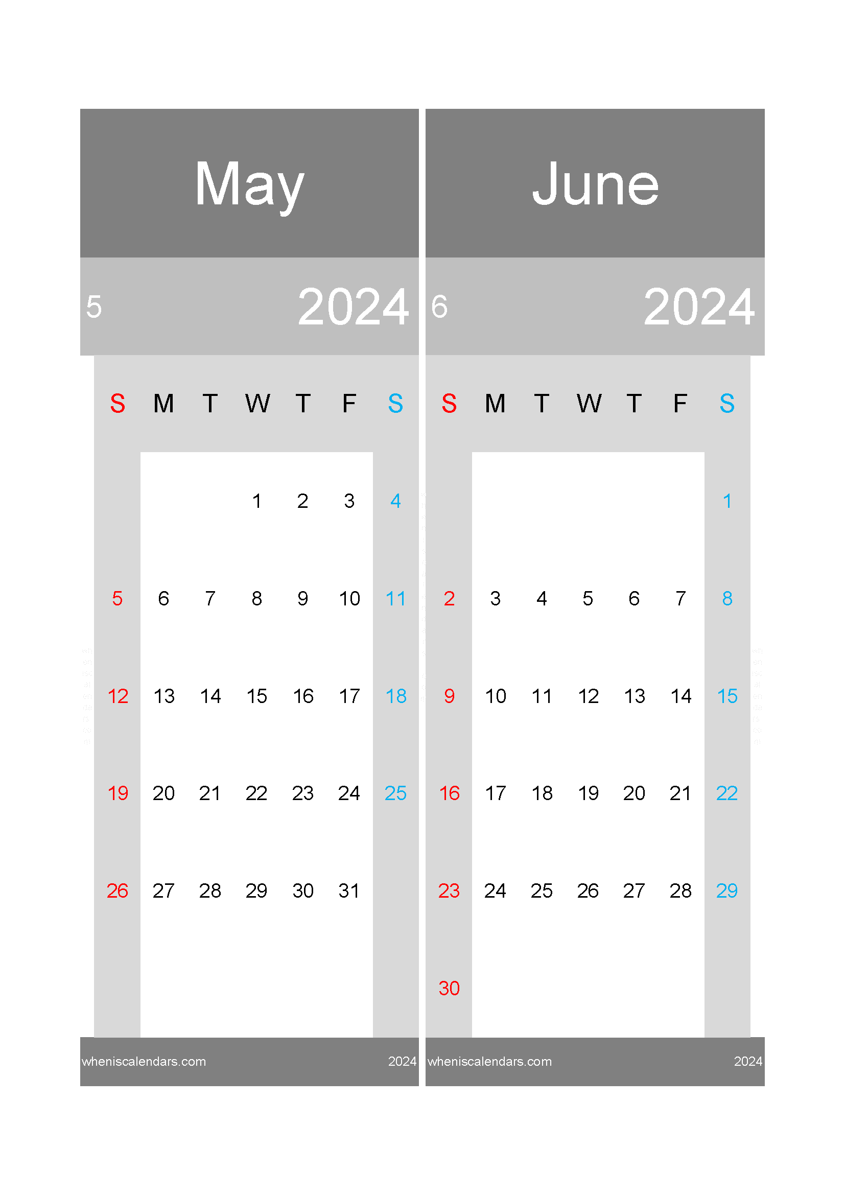 Download printable calendar May and June 2024 A4 MJ24018