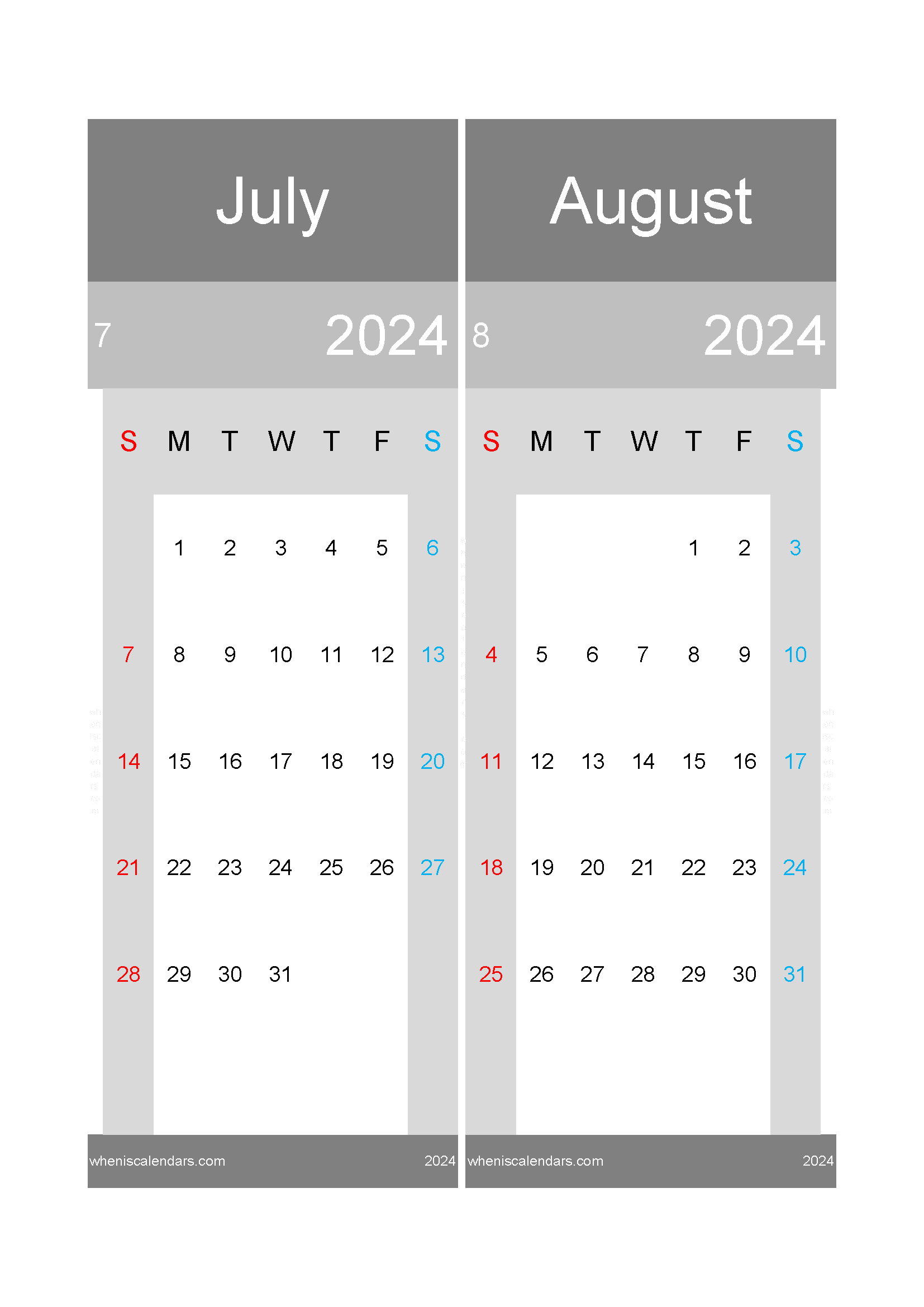 Download printable calendar July and August 2024 A4 JA24018