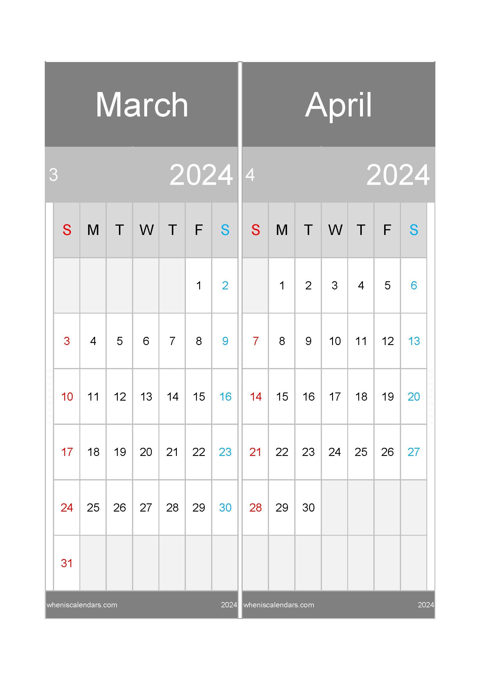 Download calendar for March and April 2024 A4 MA24019