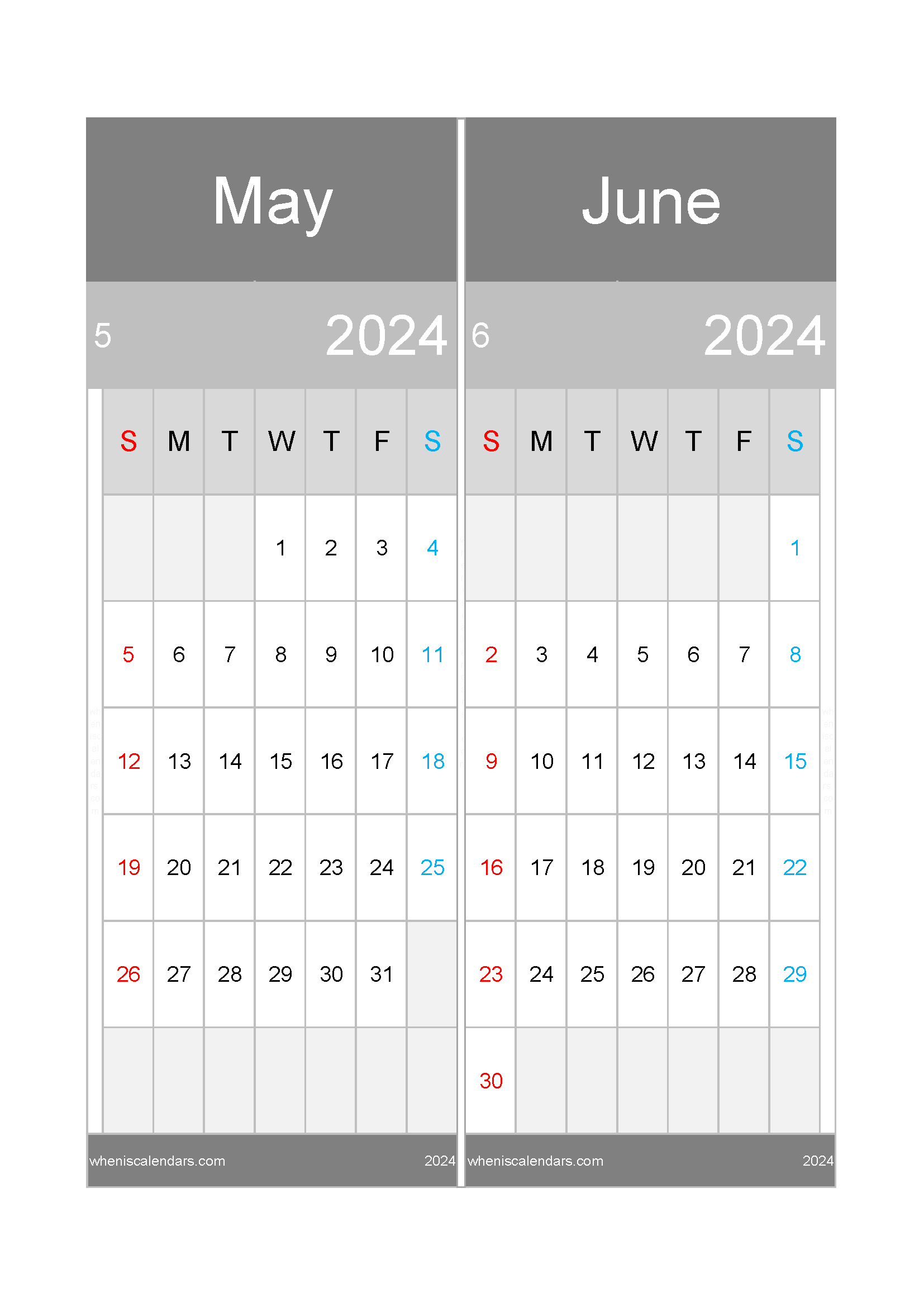 Download calendar for May and June 2024 A4 MJ24019