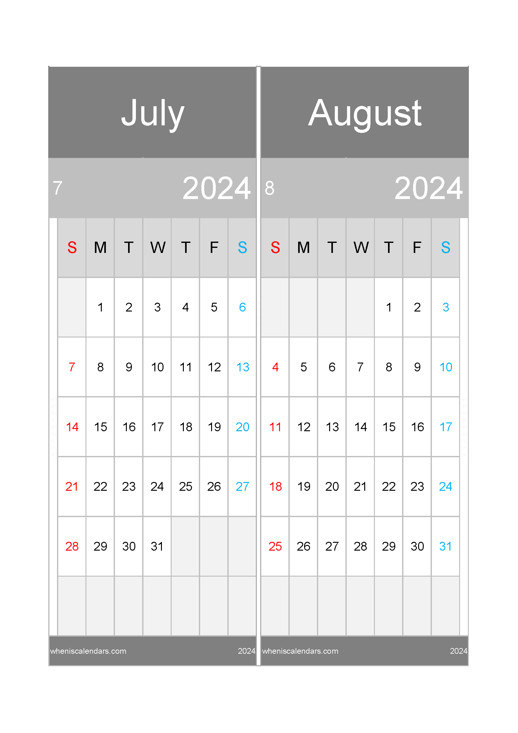 Download calendar for July and August 2024 A4 JA24019