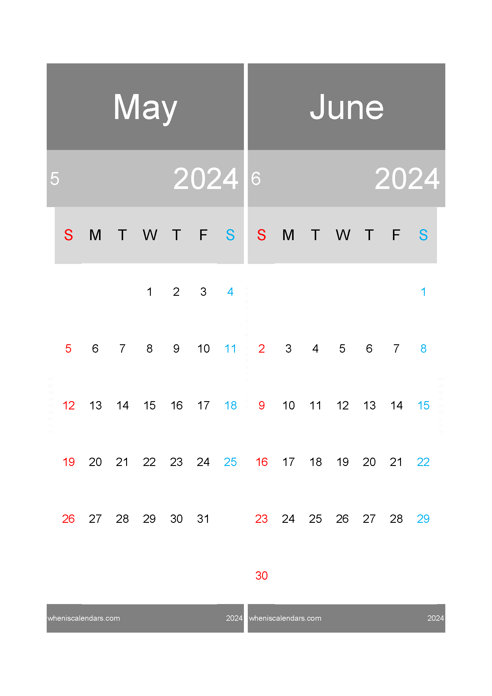 Download May and June calendar 2024 A4 MJ242020