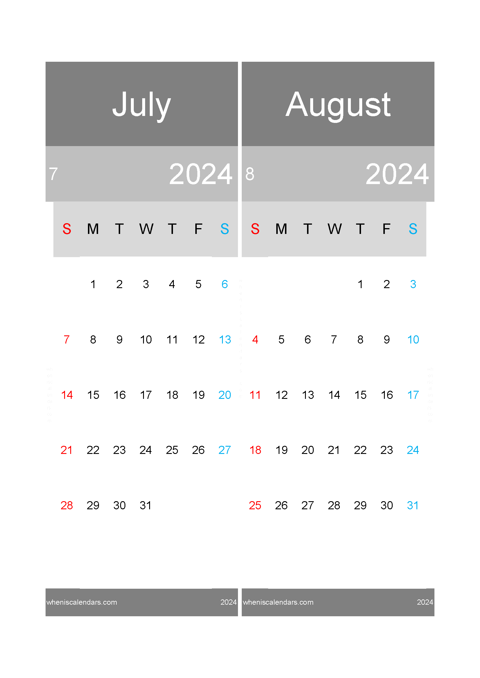 Download Jul and August calendar 2024 A4 JA24020