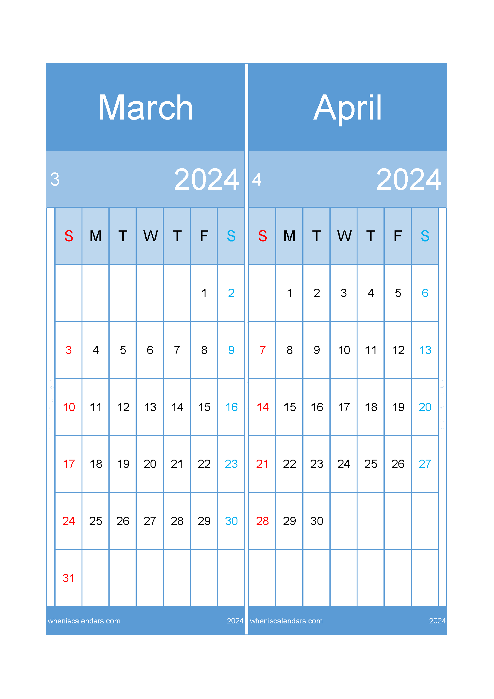 Download calendar Mar and April 2024 A4 MA24021