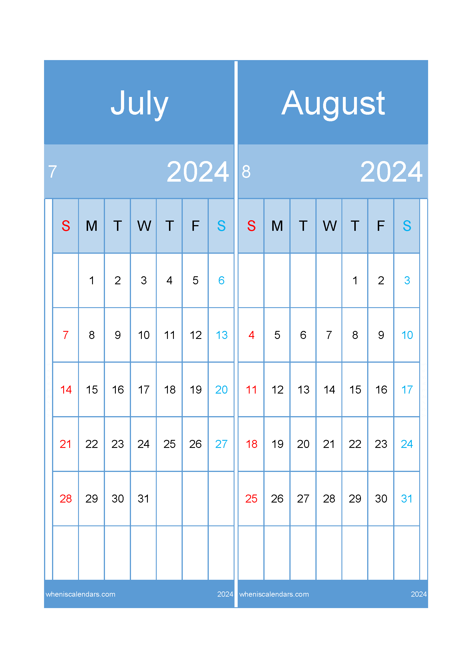 Download calendar Jul and August 2024 A4 JA24021