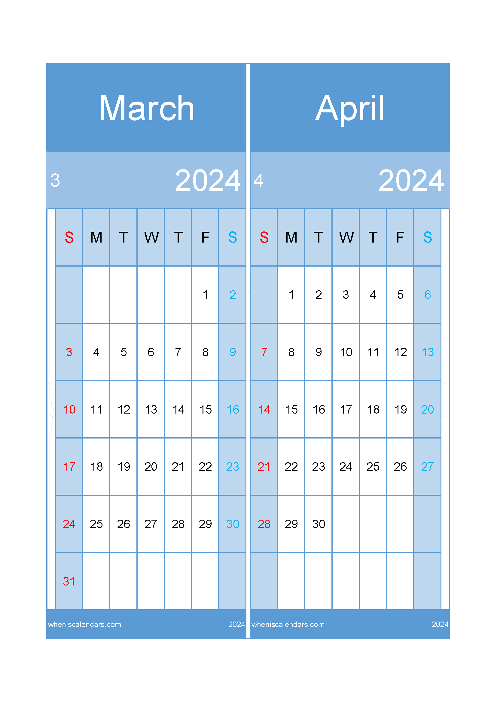 Download 2024 March April calendar A4 MA24022