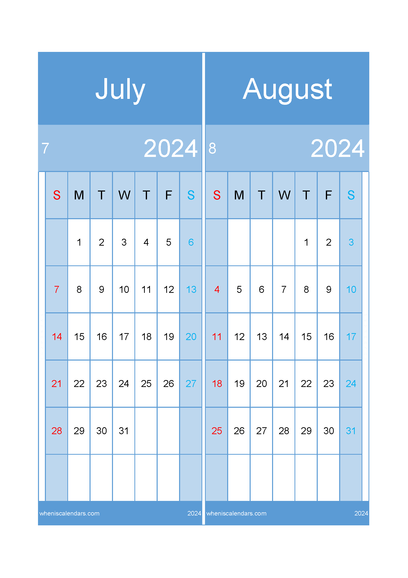 Download 2024 July August calendar A4 JA24022