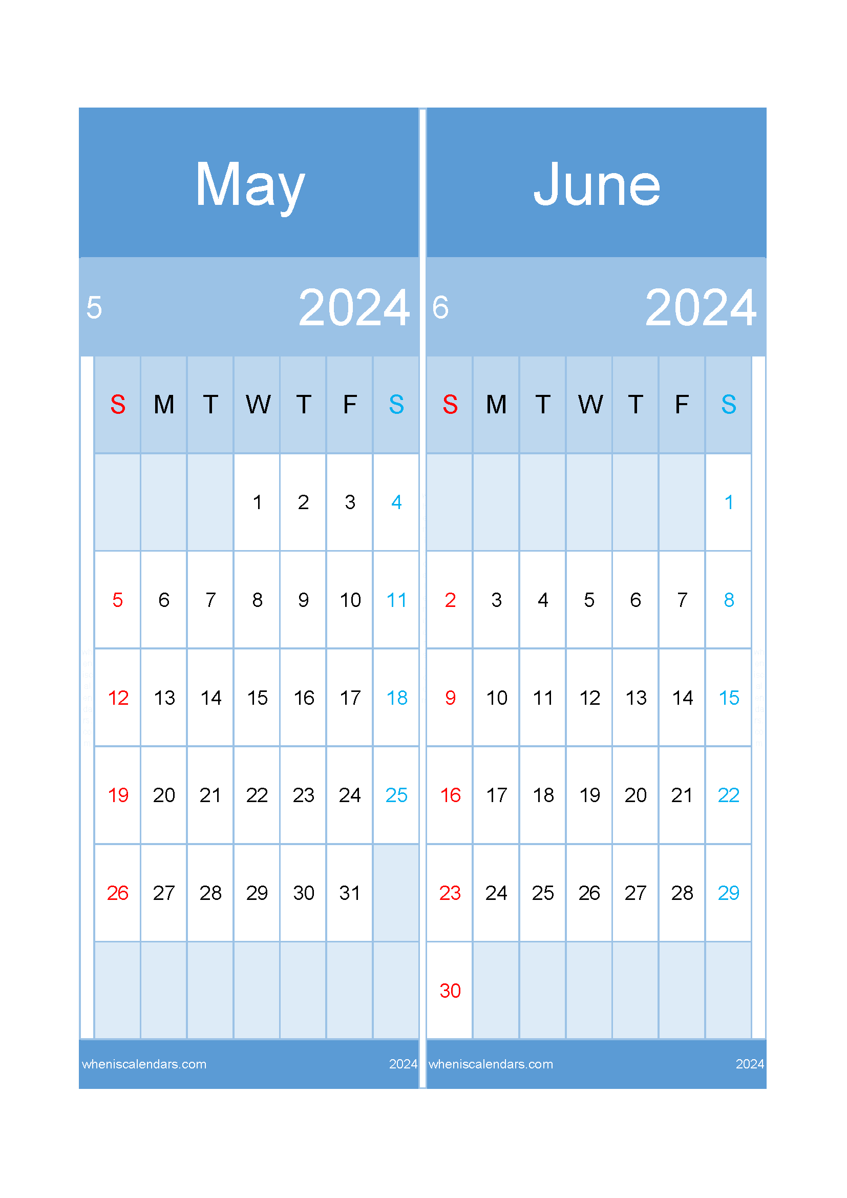 Download May to June 2024 calendar A4 MJ24024