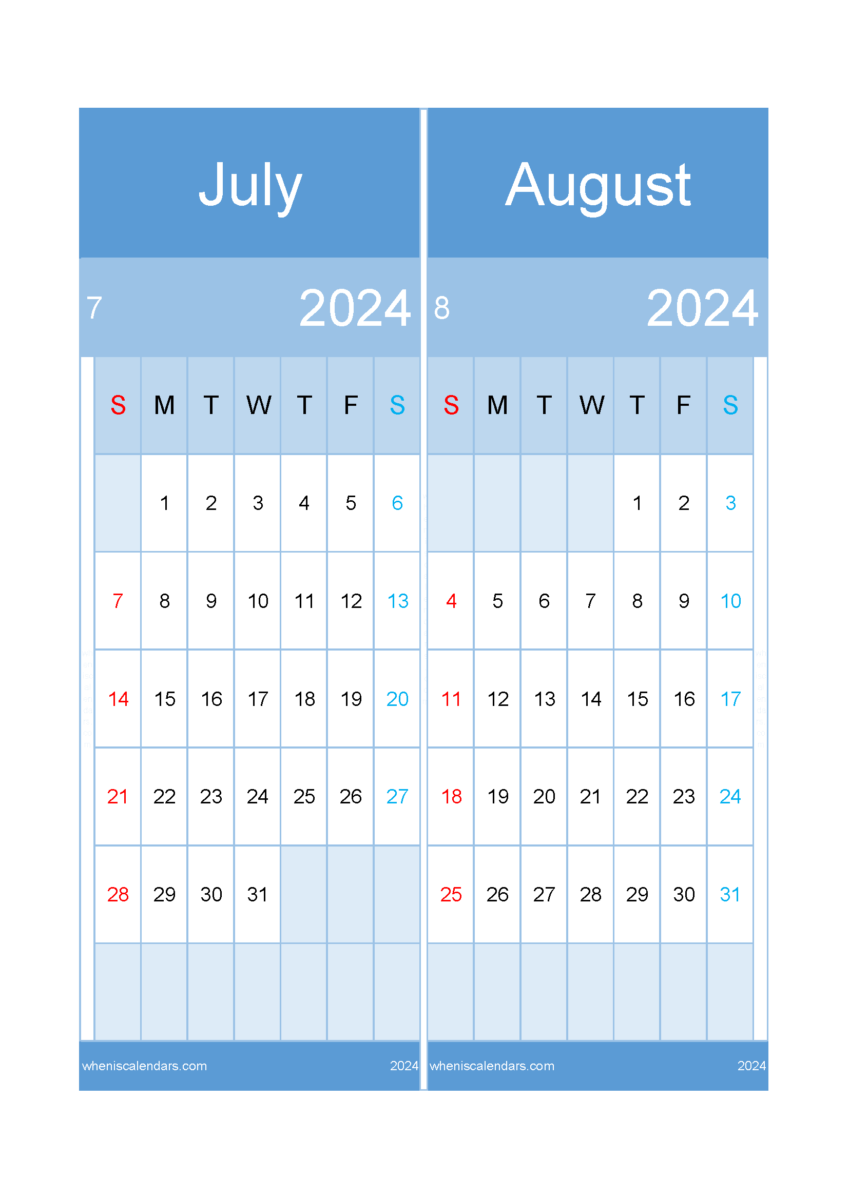 Download July to August 2024 calendar A4 JA24024