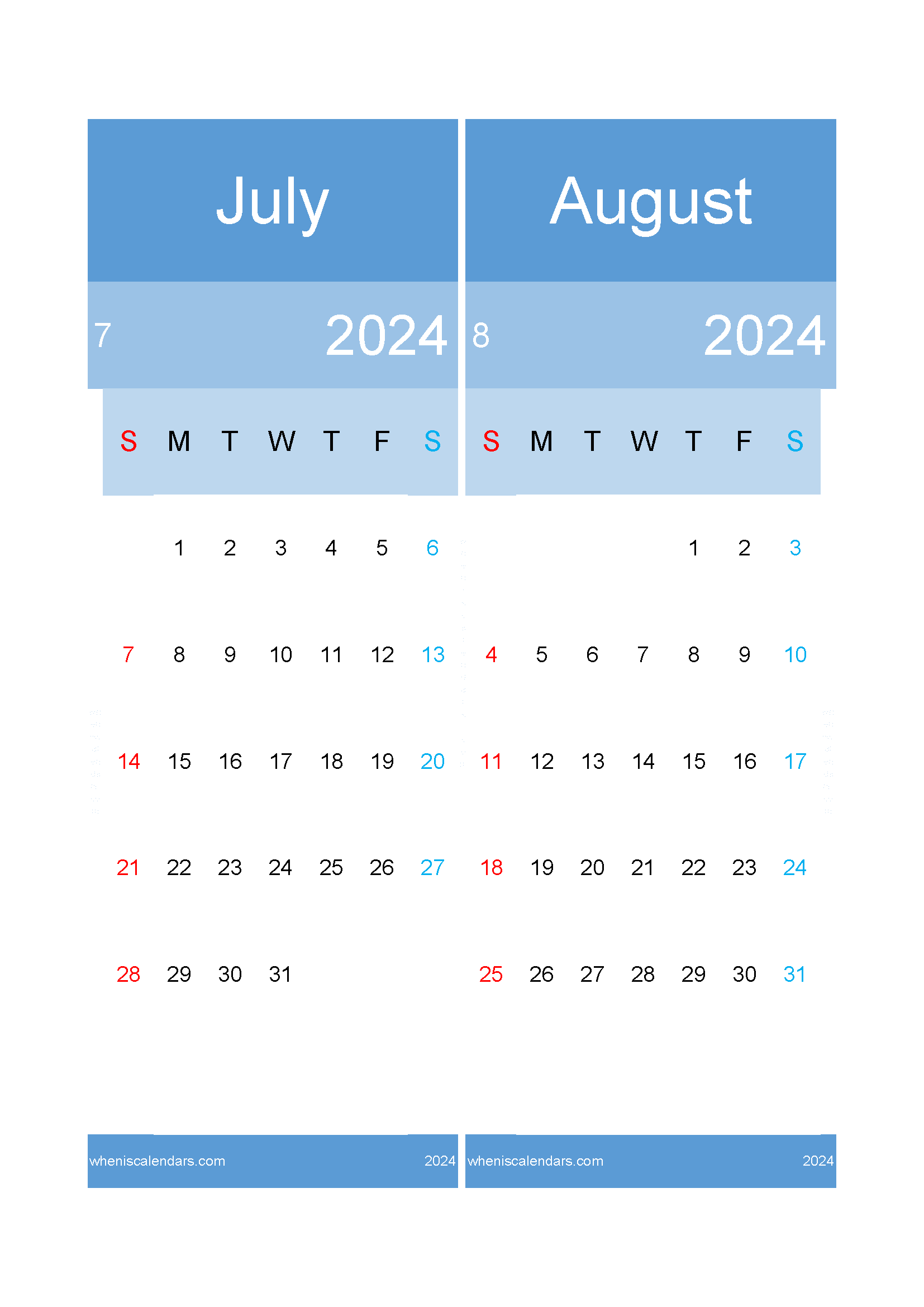 Download July to August calendar 2024 A4 JA24025