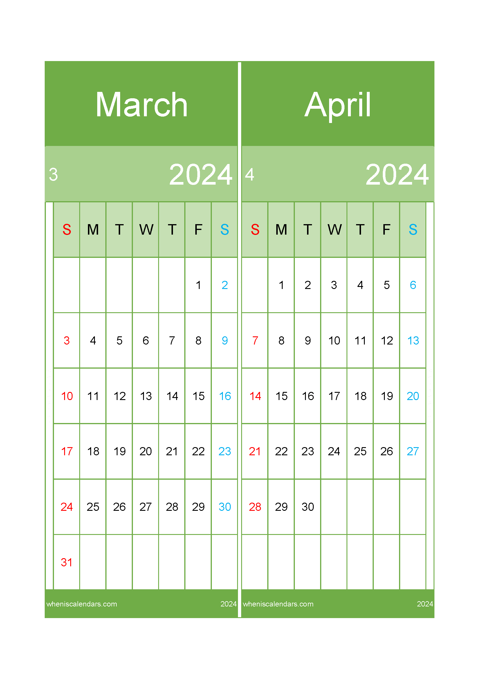 Download Mar and April calendar 2024 A4 MA24026