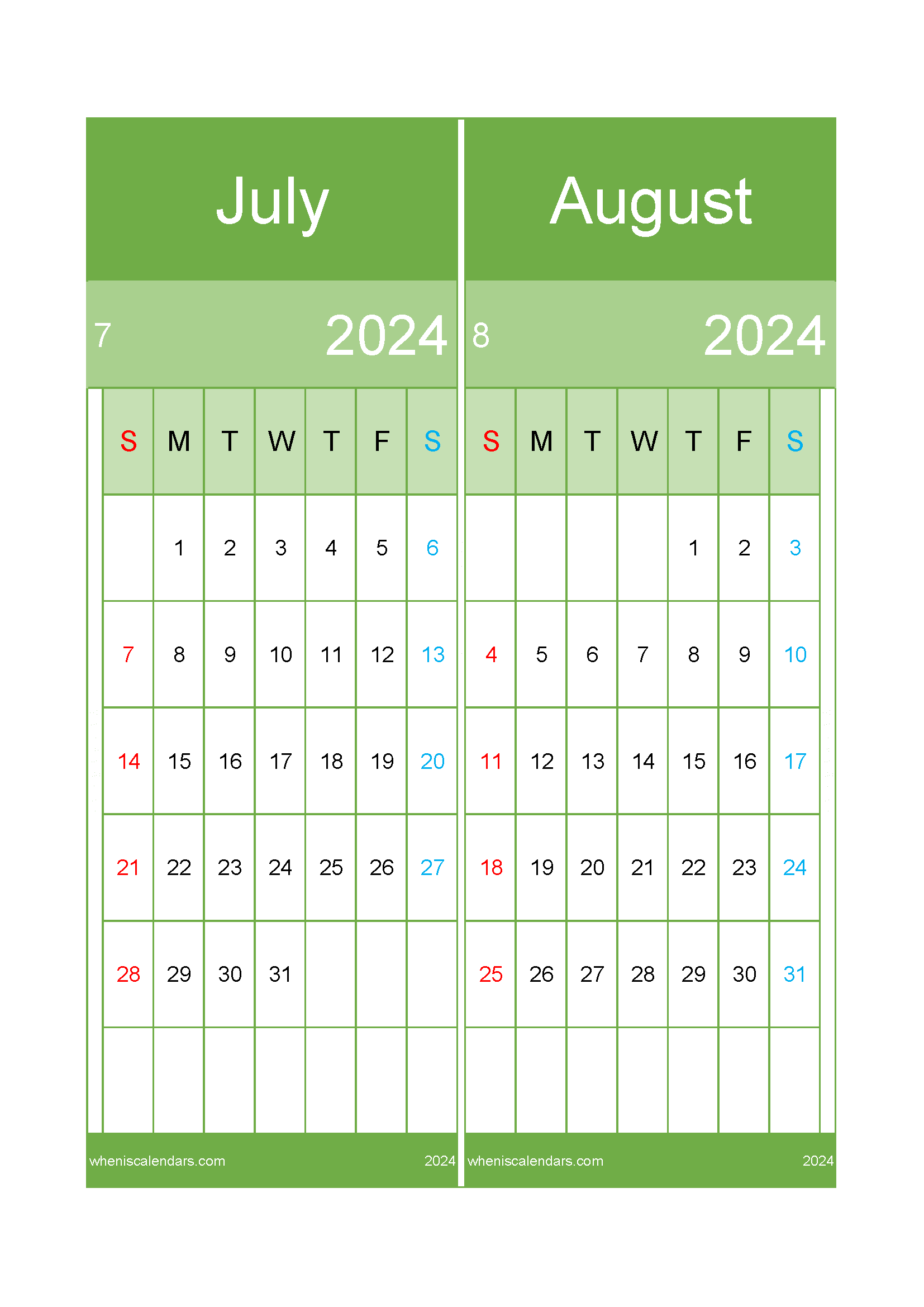 Download Jul and August calendar 2024 A4 JA24026