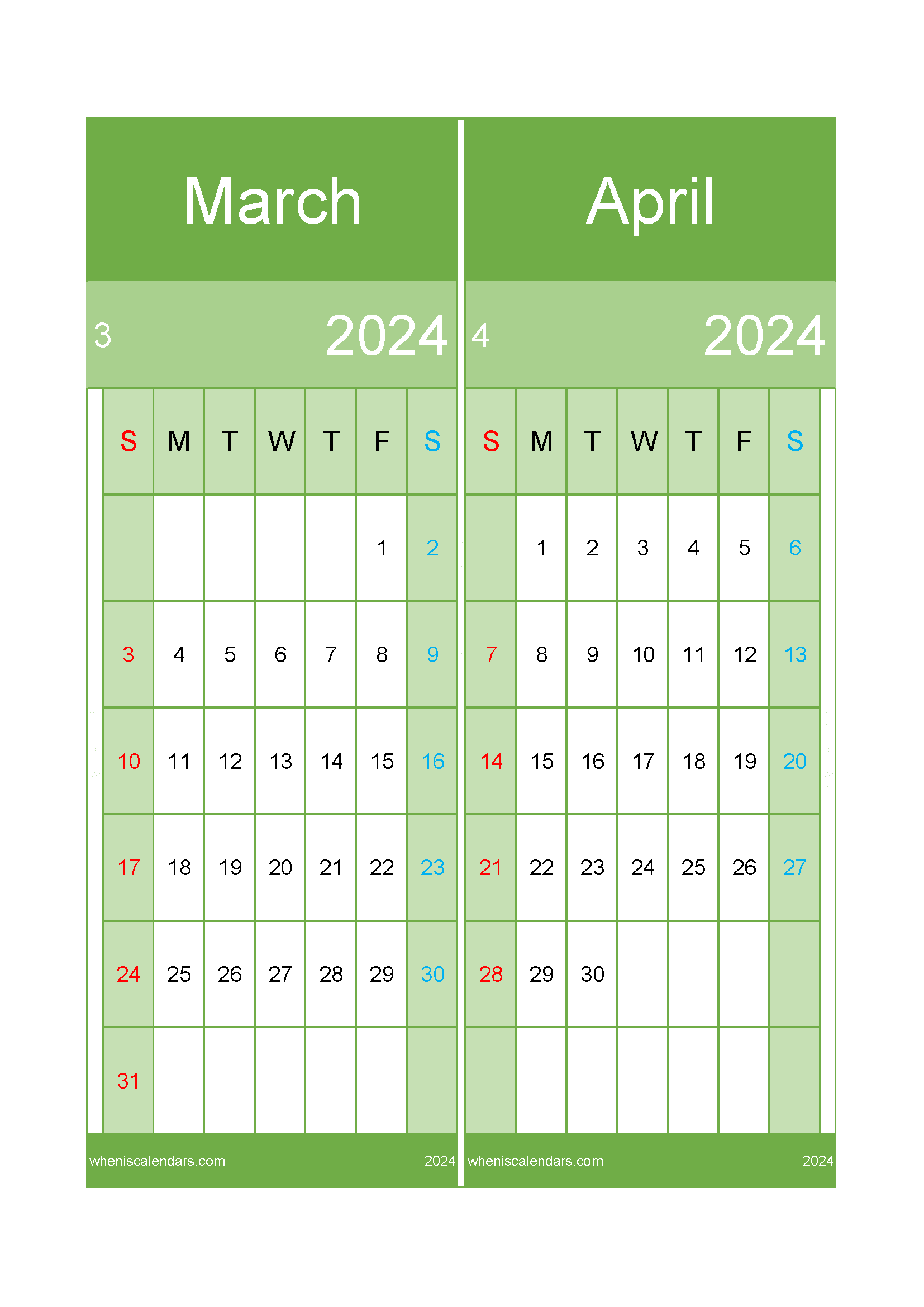 Download April and March calendar 2024 A4 MA24027