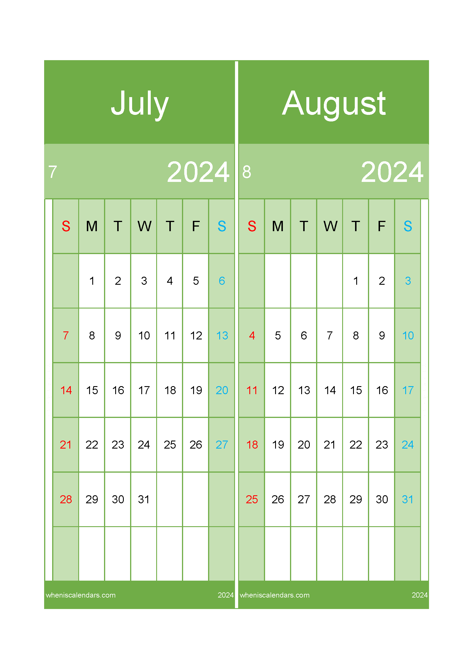 Download August and July calendar 2024 A4 JA24027