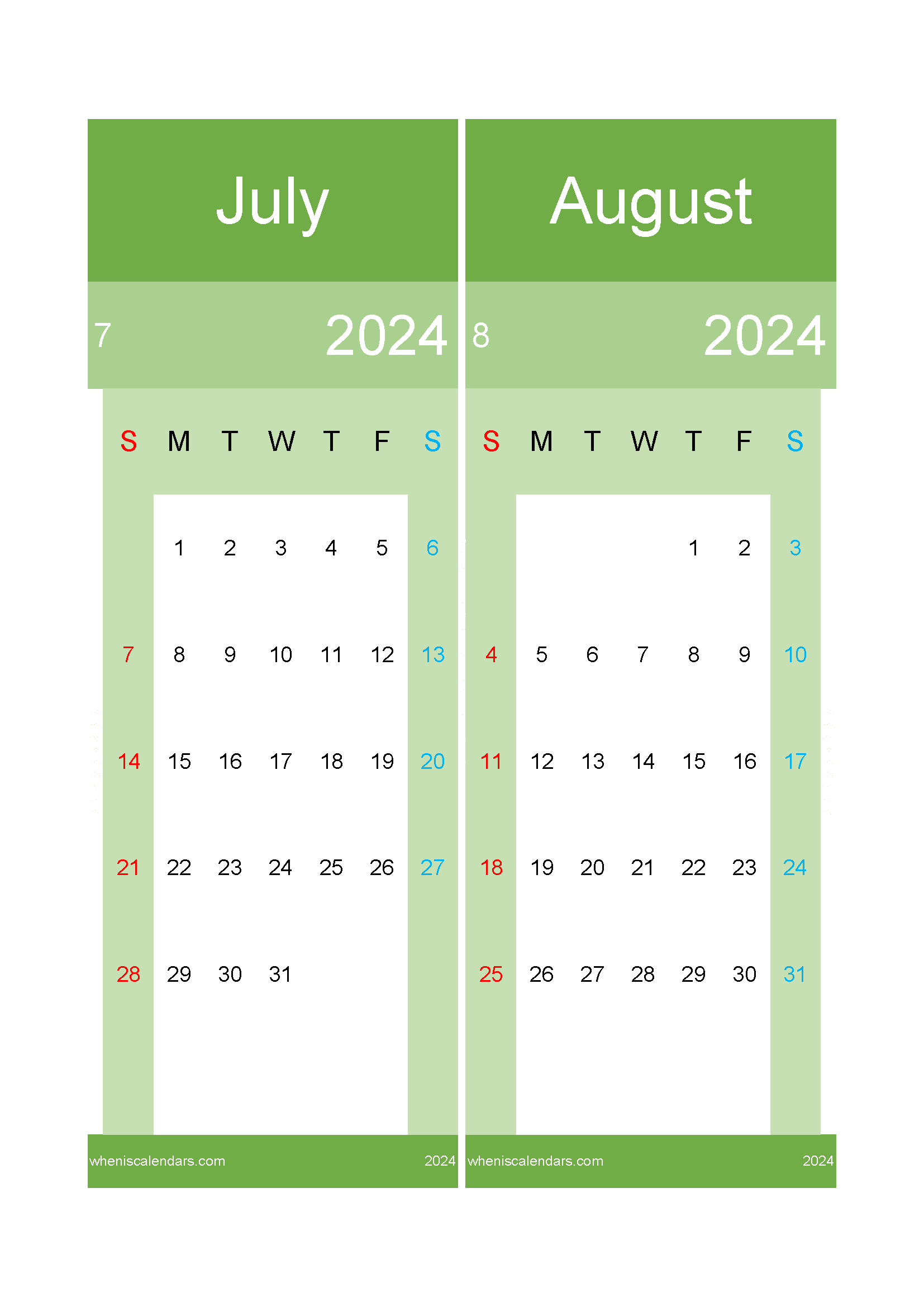 Download calendar 2024 Jul August A4 JA24028