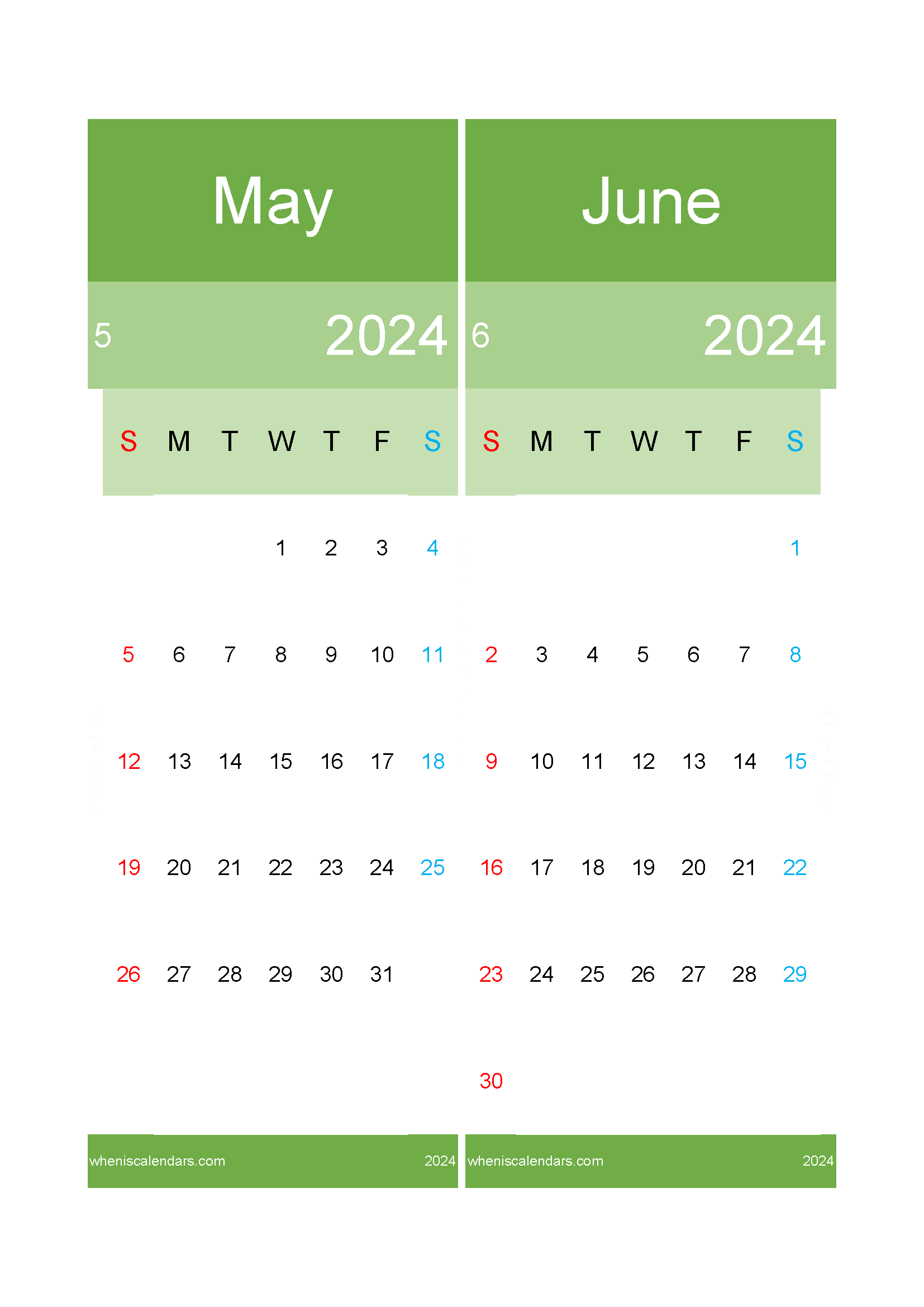 Download calendar for May and June 2024 A4 MJ242030