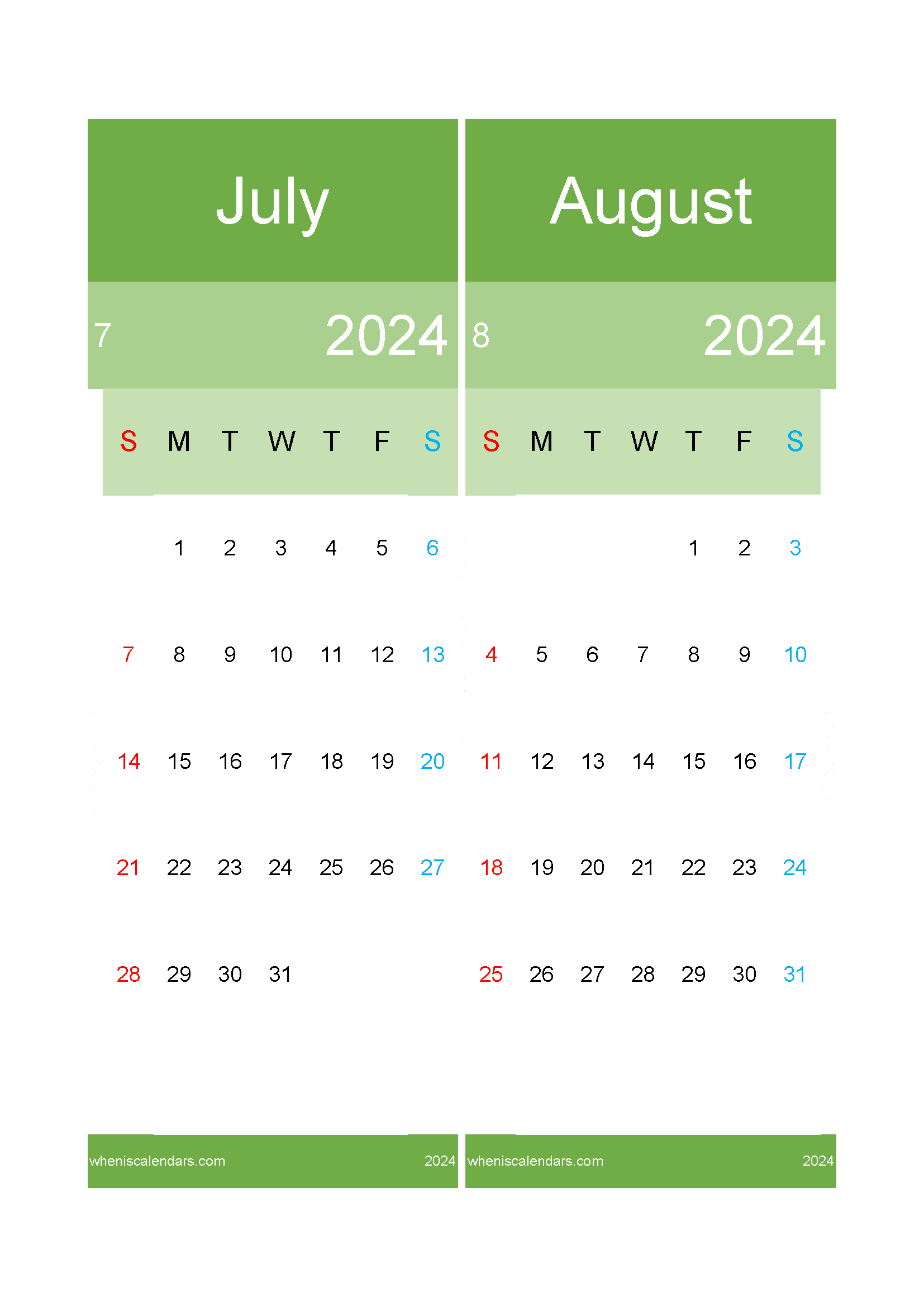 Download calendar for Jul and August 2024 A4 JA24030