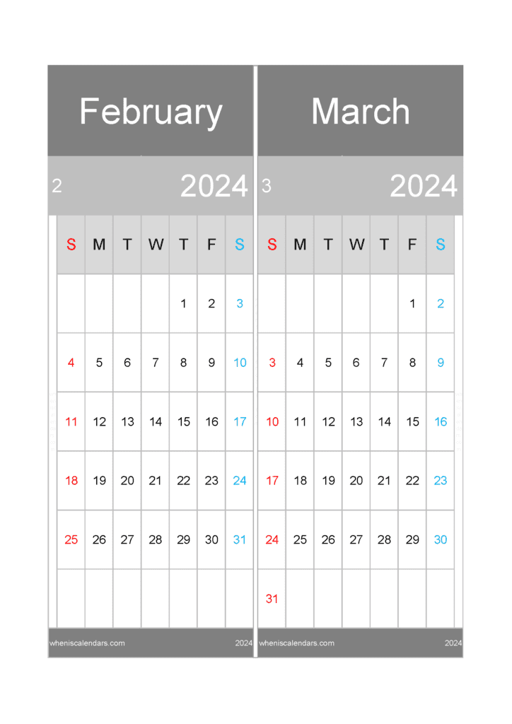 Download printable calendar Feb and Mar 2024 A4 FM24046