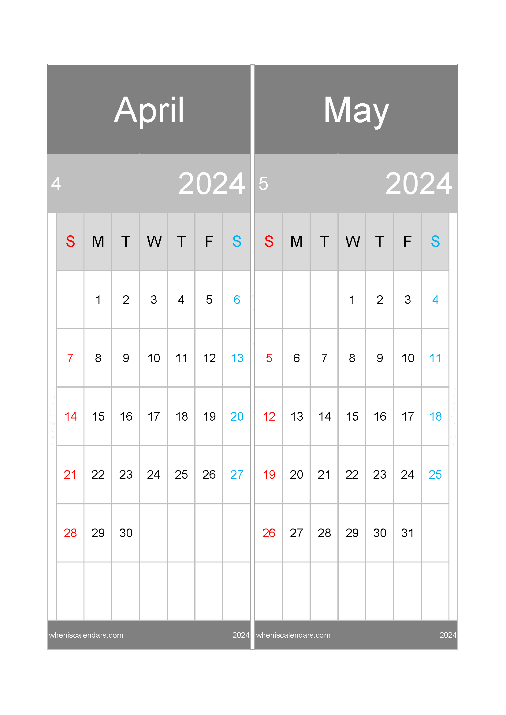 Download printable calendar Apr and May 2024 A4 AM242046