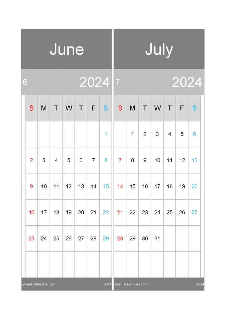 Download printable calendar Jun and Jul 2024 A4 JJ24046