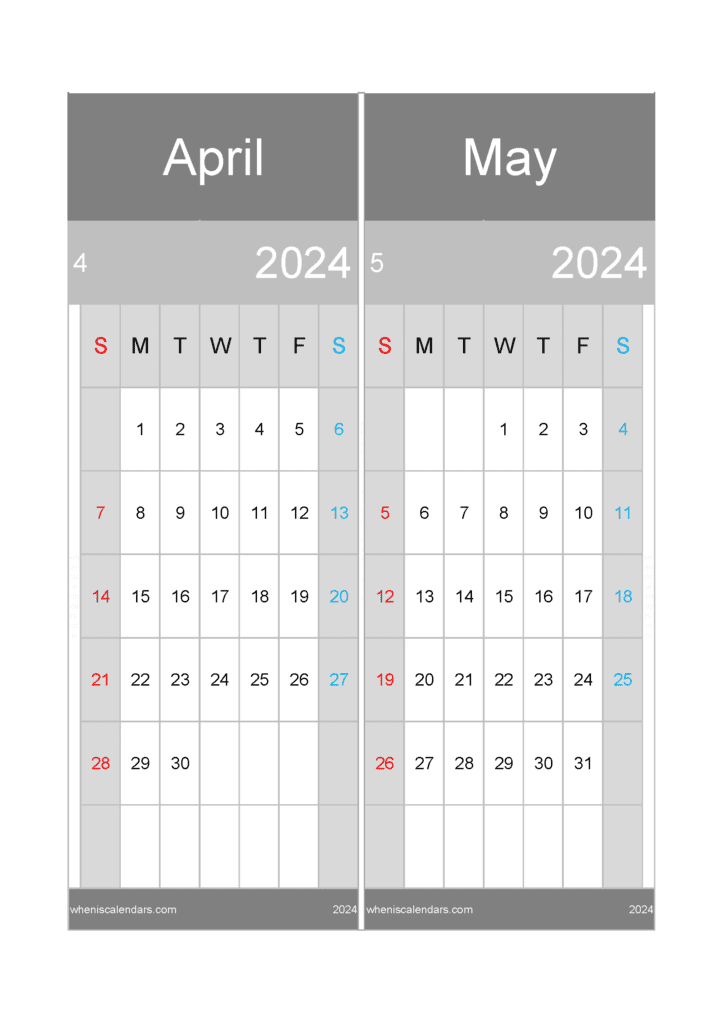 Download calendar for the month of April and May 2024 A4 AM24047
