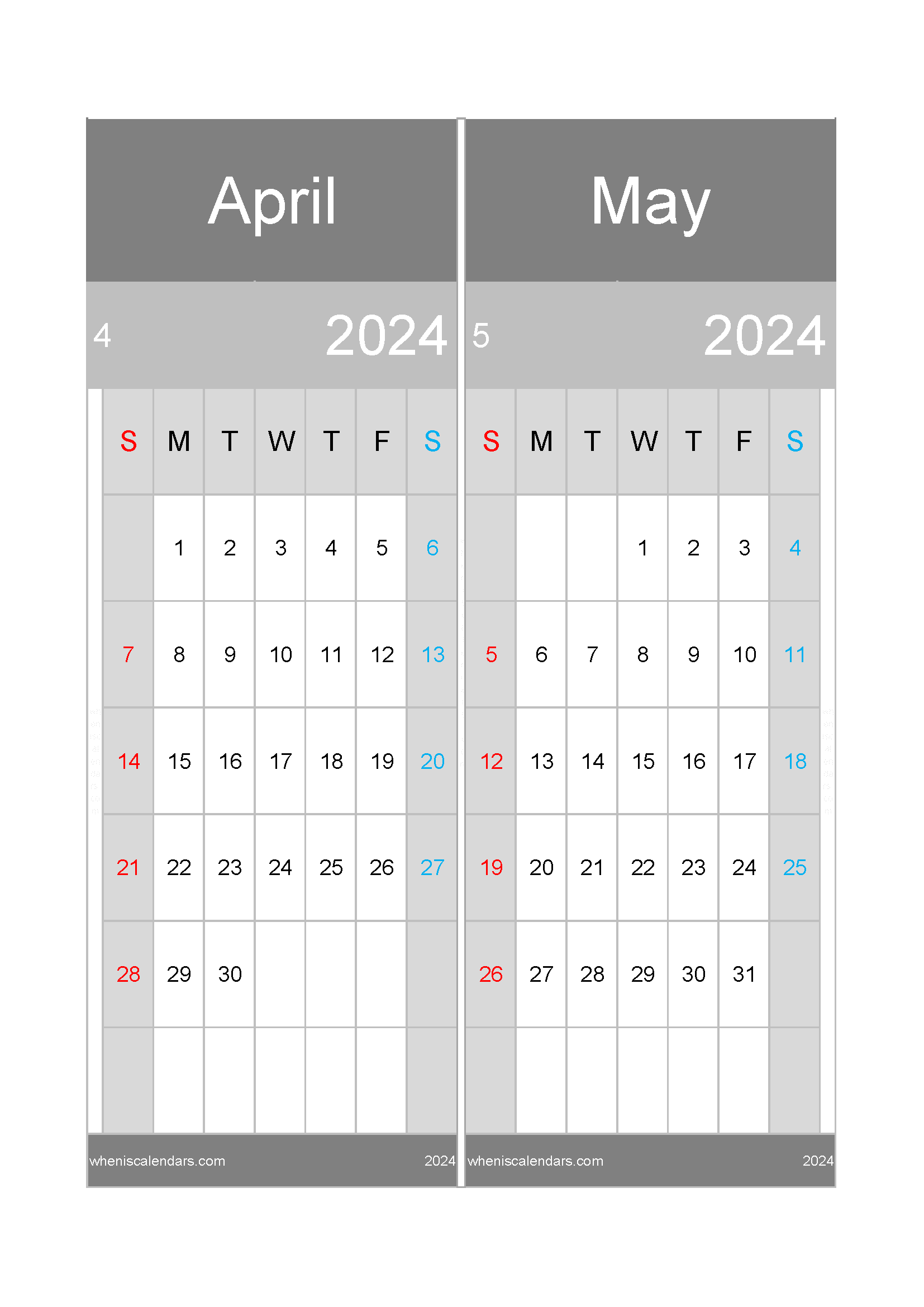 Download calendar for the month of April and May 2024 A4 AM242047