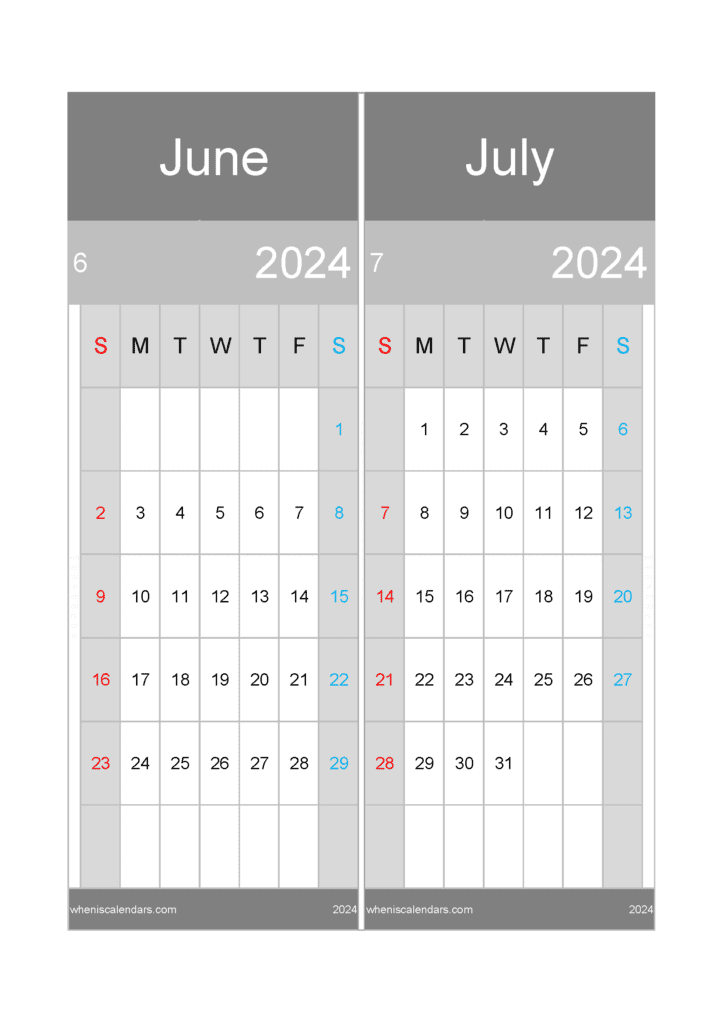Download calendar for the month of June and July 2024 A4 JJ24047