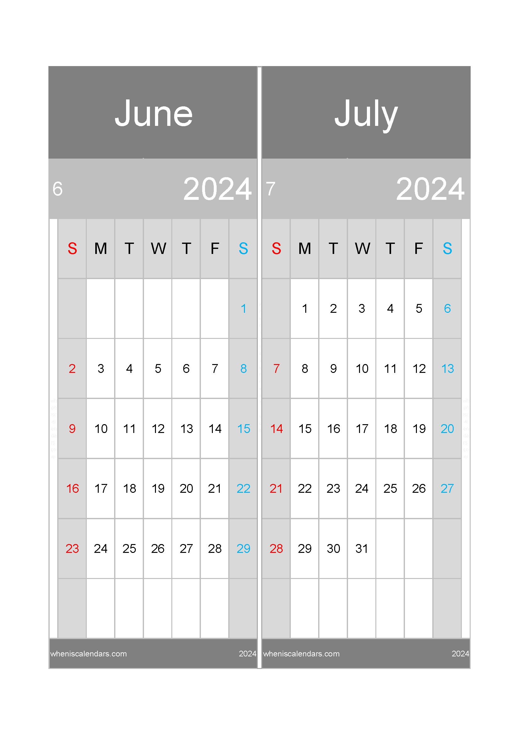 Download calendar for the month of June and July 2024 A4 JJ242047